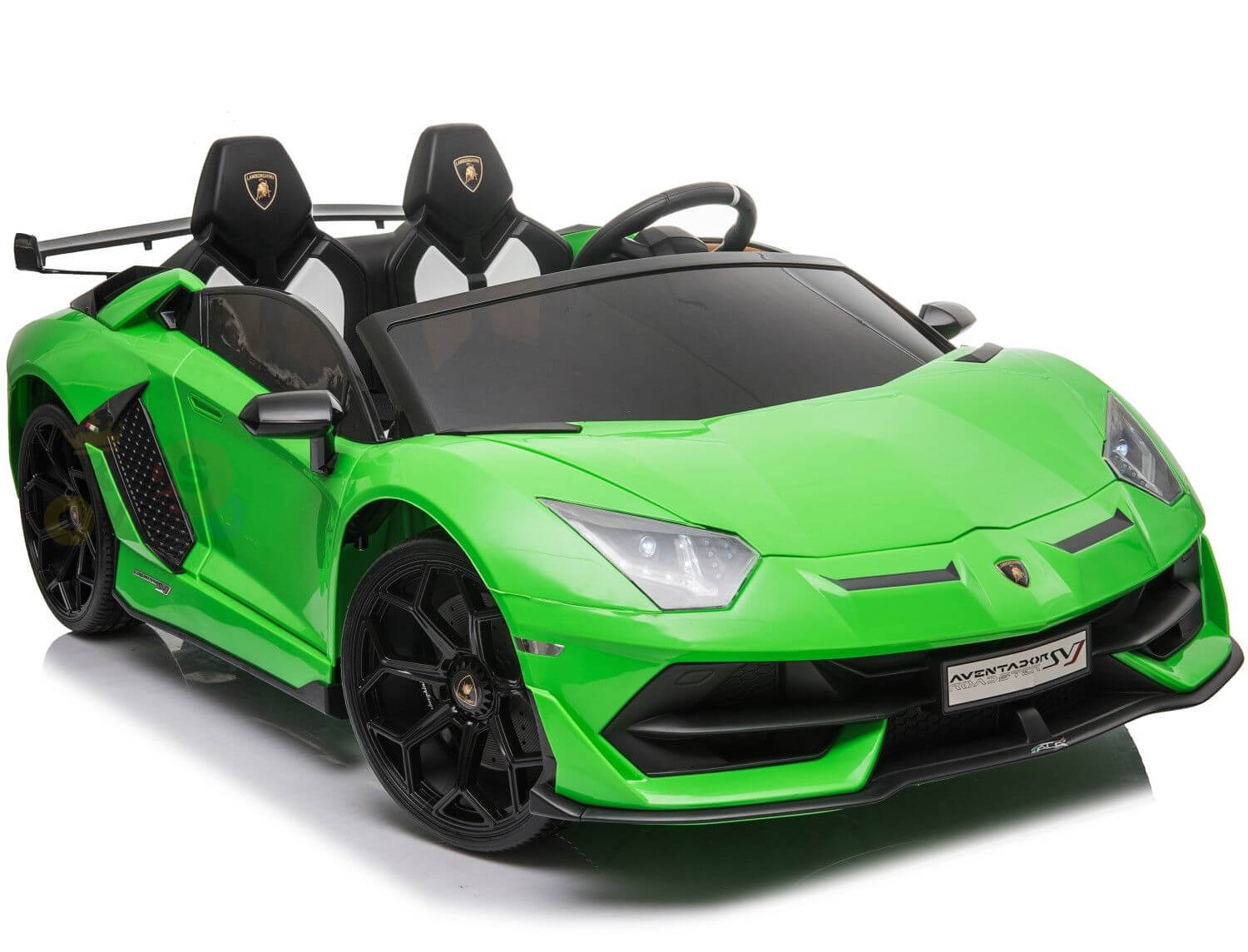 The Official 24v Lamborghini SVJ Drifting Kids Ride-On Car offers a sleek, vibrant green design with dual HP motors, black rims, detailed interior seats, low-profile body, and distinctive headlights. It includes an optional parental remote for added safety.
