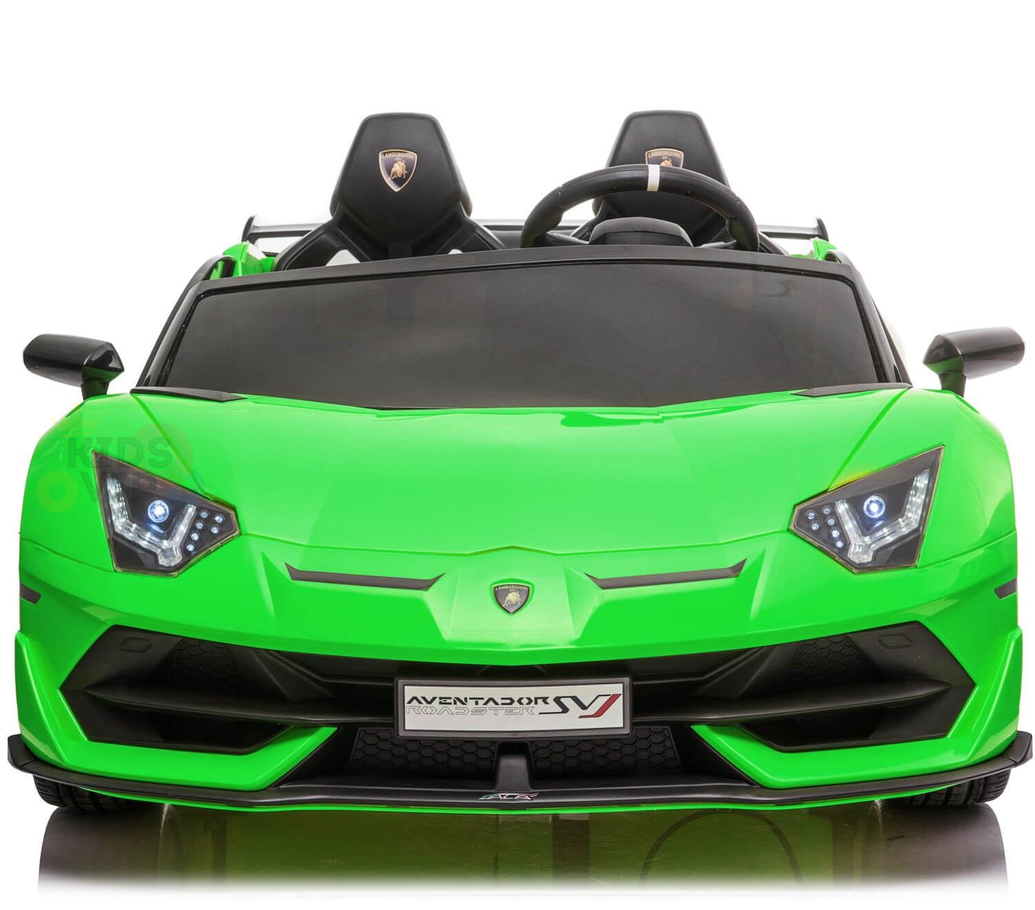 The 24v Lamborghini SVJ Drifting Kids Ride-On Car in bright green resembles an Aventador front, boasting detailed headlights, a black seat interior with a small steering wheel, dual HP motors, parental remote control, and branding on the front bumper for thrilling excitement.