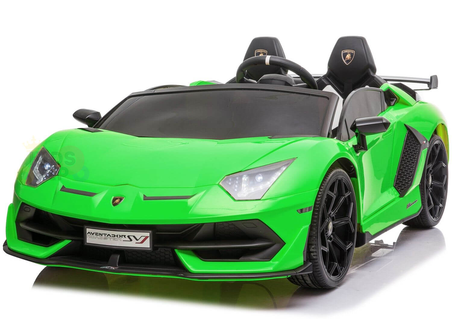 This vibrant green 24v Lamborghini SVJ ride-on toy car, boasting dual HP motors and black wheels, has a visible steering wheel and seats two. Its a sleek replica with parental remote control for safety.