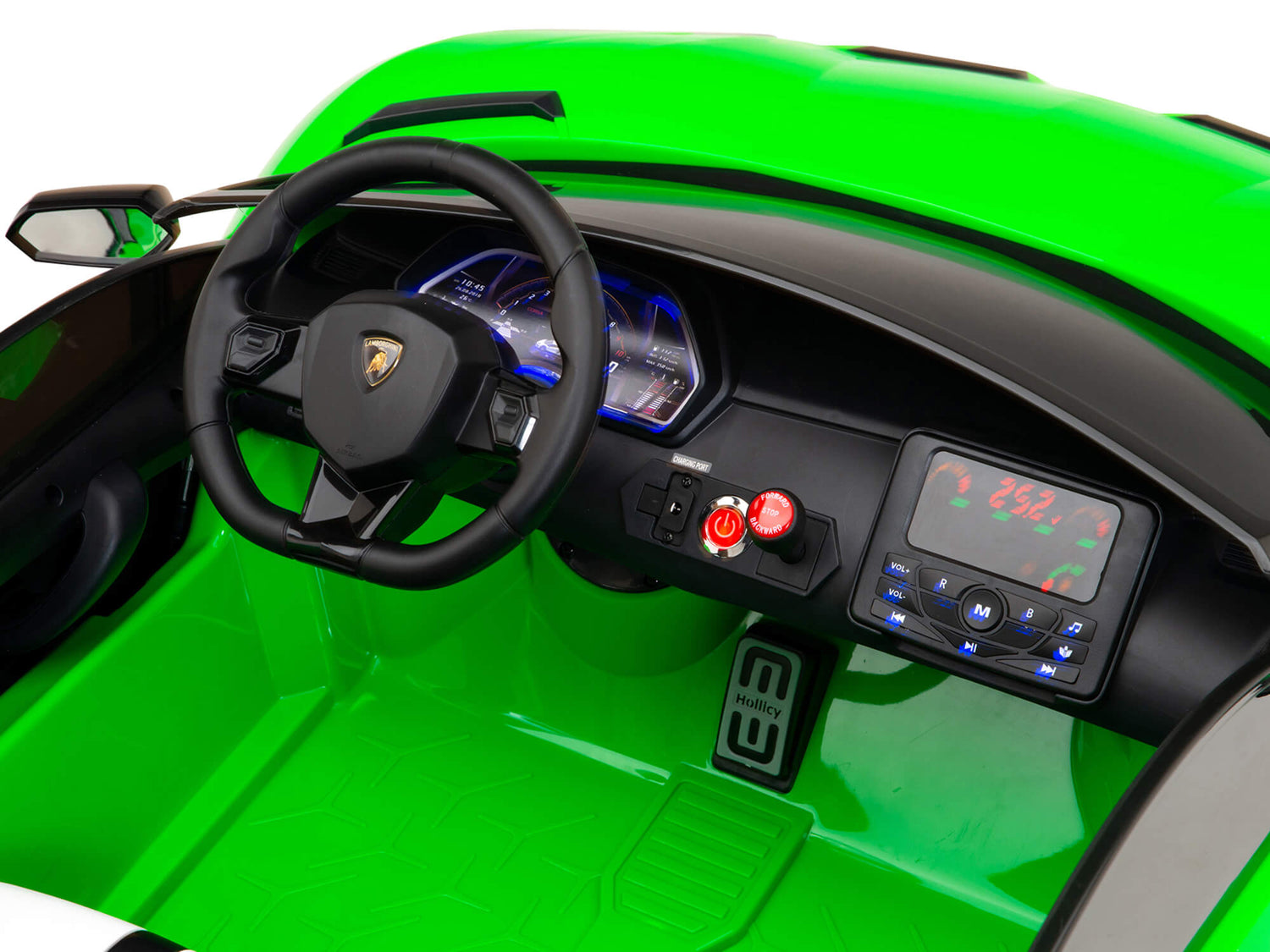 Inside the sleek 24v Lamborghini SVJ ride-on car, the green dashboard boasts a logo-adorned steering wheel, buttons, and digital displays. Dual HP motors boost performance, with foot pedals M and W enhancing excitement. The black seats offer comfort and style.  .