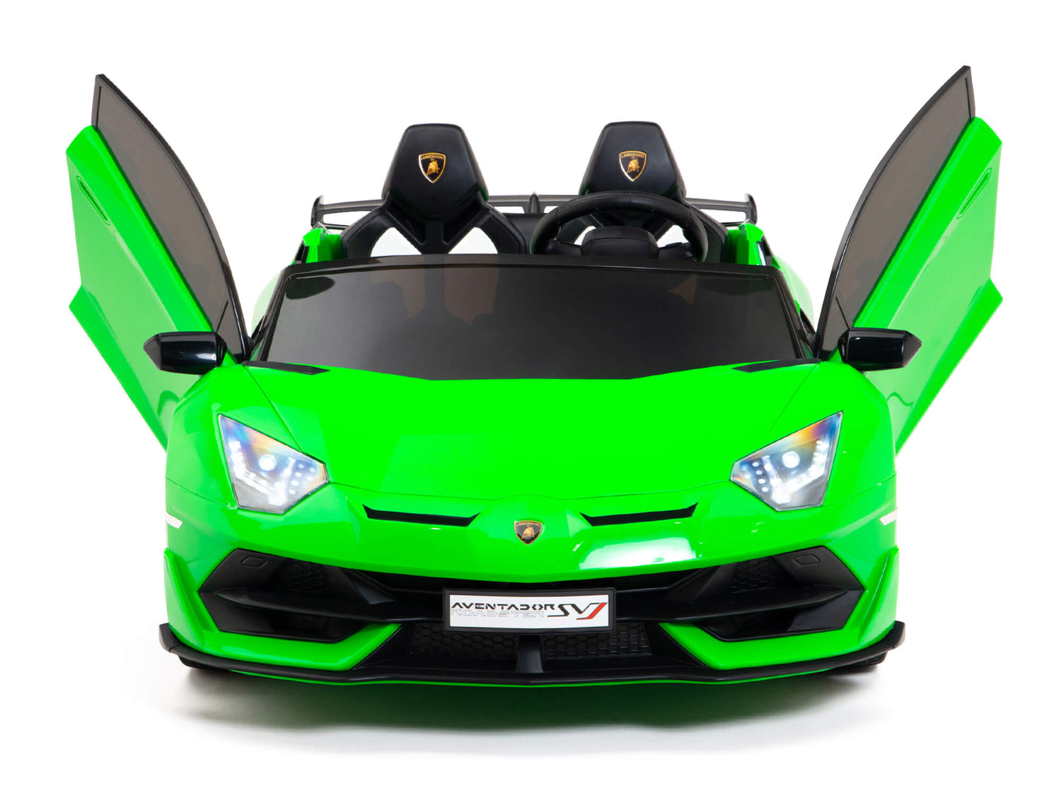 The bright green 24v Lamborghini SVJ Drifting Kids Ride-on Car looks like a real Lambo with upward-opening doors, detailed headlights, a low grille, and emblem. It has dual HP motors, parental remote control, steering wheel, and two seats for thrilling excitement!.