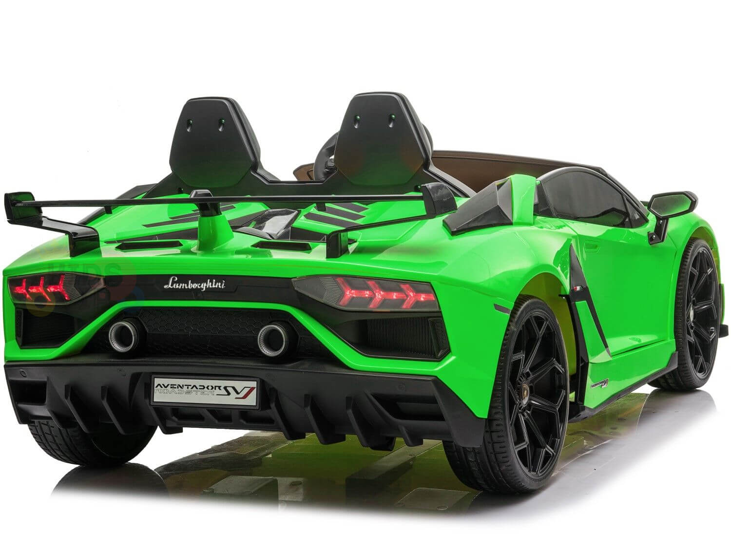 The Upgrade Your Ride with the Official 24v Lamborghini SVJ Drifting Kids Ride on Car in bright green sits on a smooth surface, highlighting its sleek design, black rims, rear lights, and detailed spoiler. It features dual HP motors, an open top for two seats, and offers a parental remote control for extra fun.