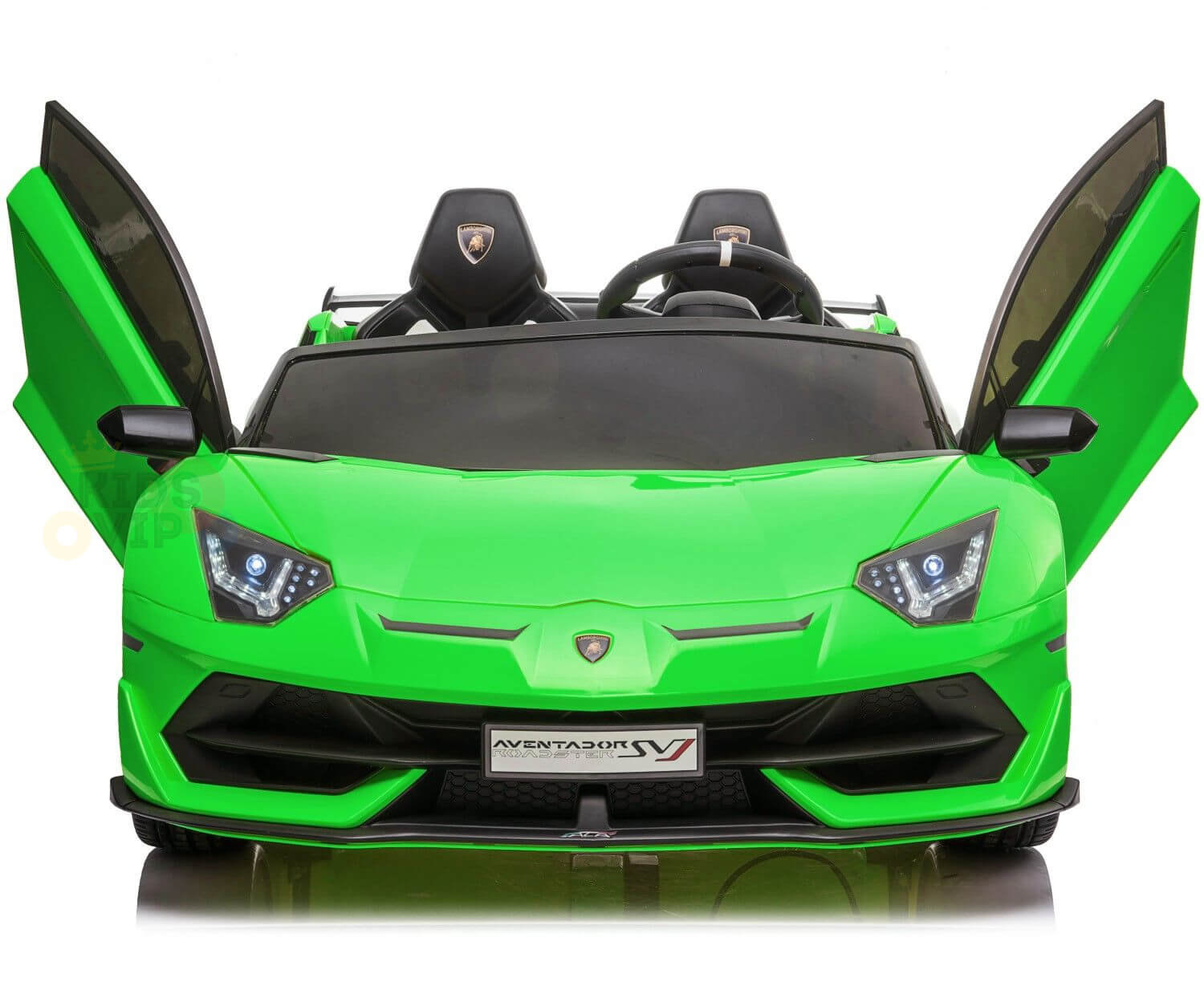 Experience thrilling excitement with the bright green 24v Lamborghini SVJ drifting ride-on toy car. It features scissor doors, dual HP motors, a parental remote control, two seats, detailed headlights, a steering wheel, and a front license plate reading Aventador SV.