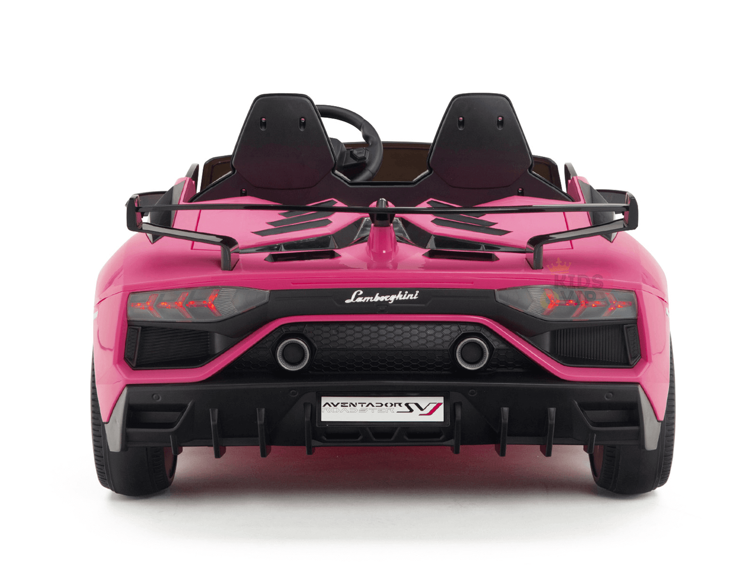 A rear view of the pink Upgrade Your Ride with the Pink 24v Lamborghini SVJ Drifting Kids Ride on Car features a sports car style, drifting wheels, black rear spoiler, dual seats, and detailed tail lights. The license plate reads AVENTADOR SV.