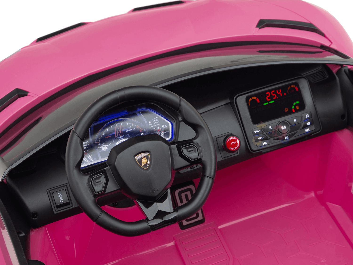 The Upgrade Your Ride with the Pink 24v Lamborghini SVJ Drifting Kids Ride on Car features a pink dashboard, black steering wheel with Lamborghini logo, digital speedometer, media panel, vehicle controls, and sleek design complete with drifting wheels.