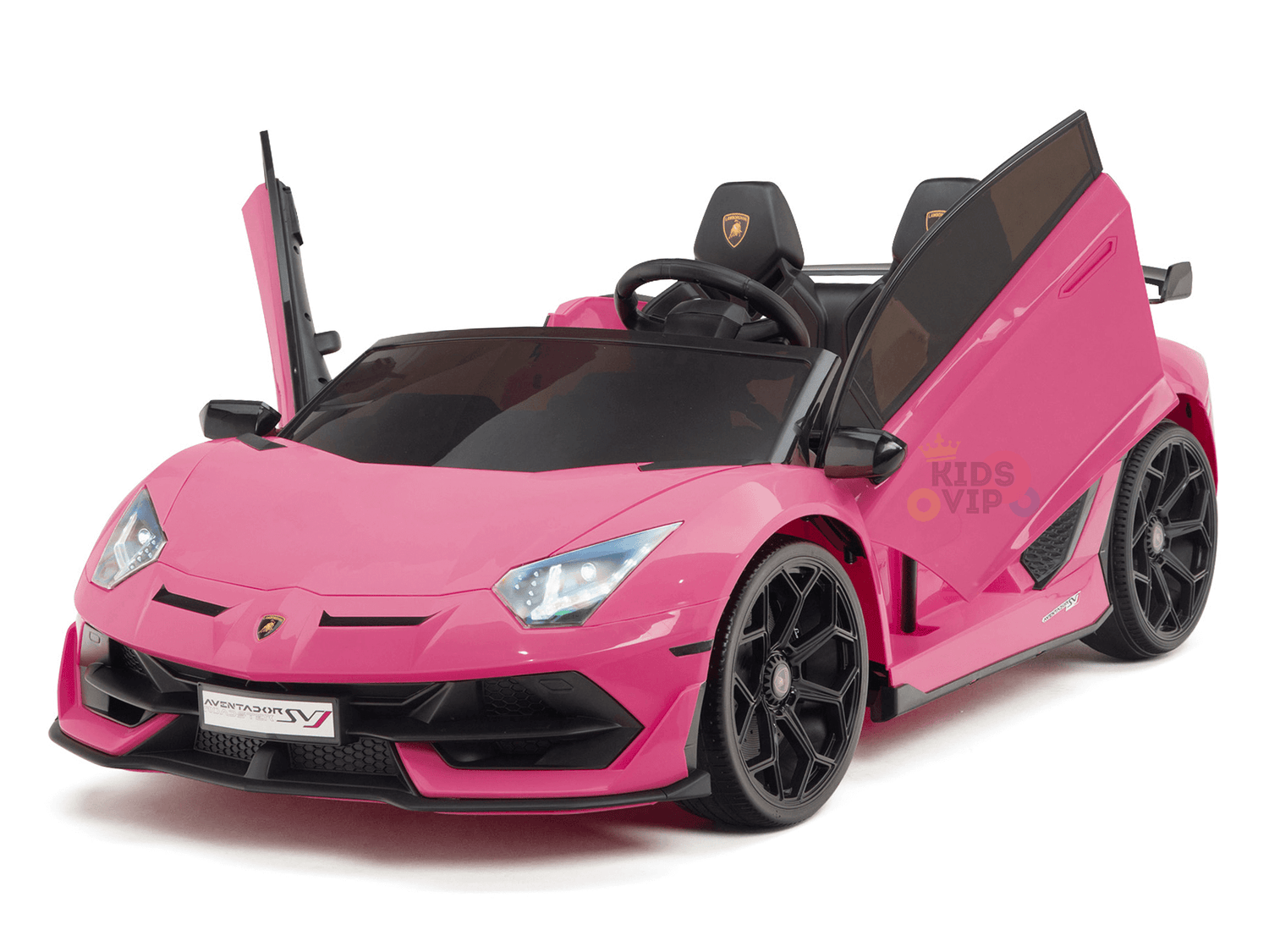 The Pink 24v Lamborghini SVJ Drifting Kids Ride on Car features open scissor doors, drifting wheels, sleek black rims, a detailed dashboard, and luxury-inspired branding for an exciting and stylish driving experience.