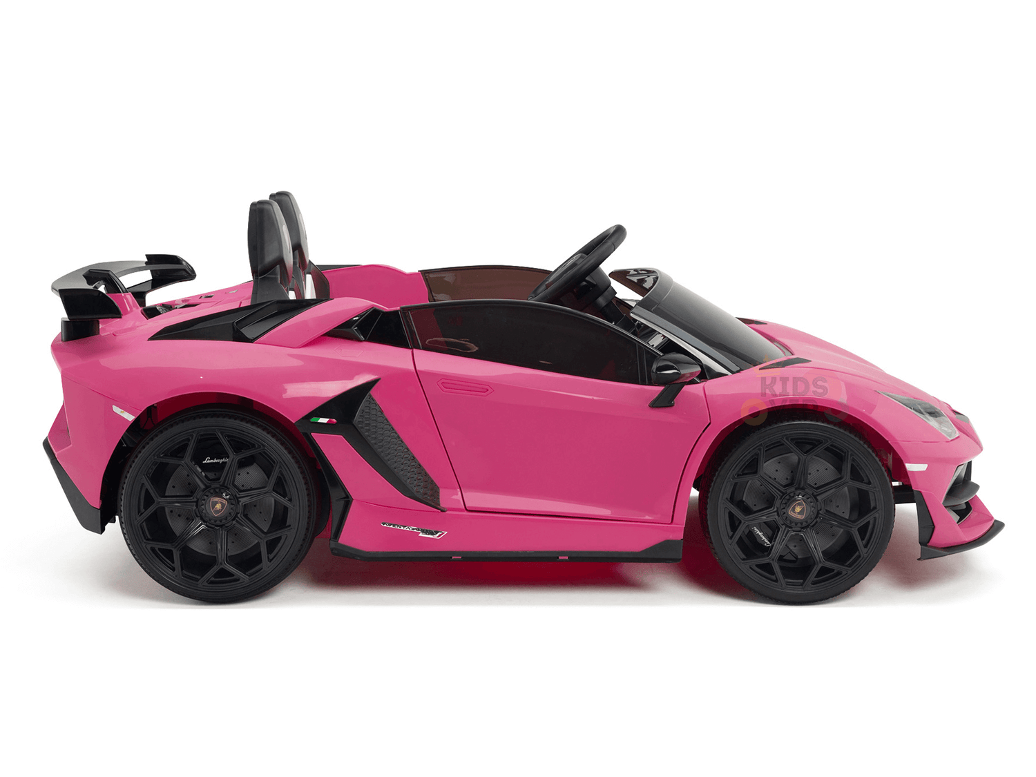The Upgrade Your Ride with the Pink 24v Lamborghini SVJ Drifting Kids Ride on Car features a sleek pink design, black wheels, interior, steering wheel, and rear spoiler. Perfectly set against a white background, its every little racers dream ride!.
