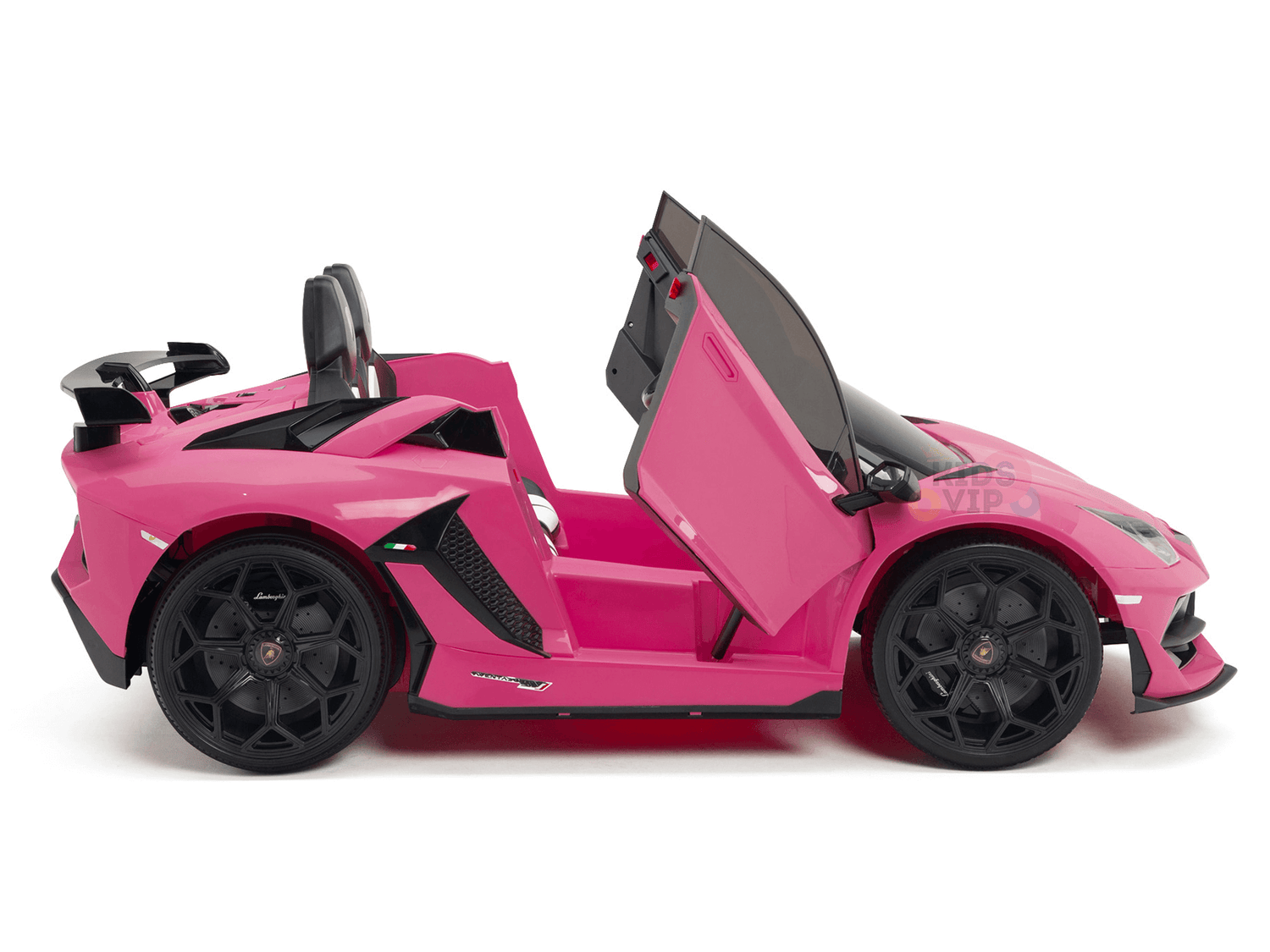 The Pink 24v Lamborghini SVJ Drifting Kids Ride on Car boasts a vibrant design with scissor doors, black drifting wheels, and detailed front and rear elements, capturing the essence of a sports car for endless play adventures.
