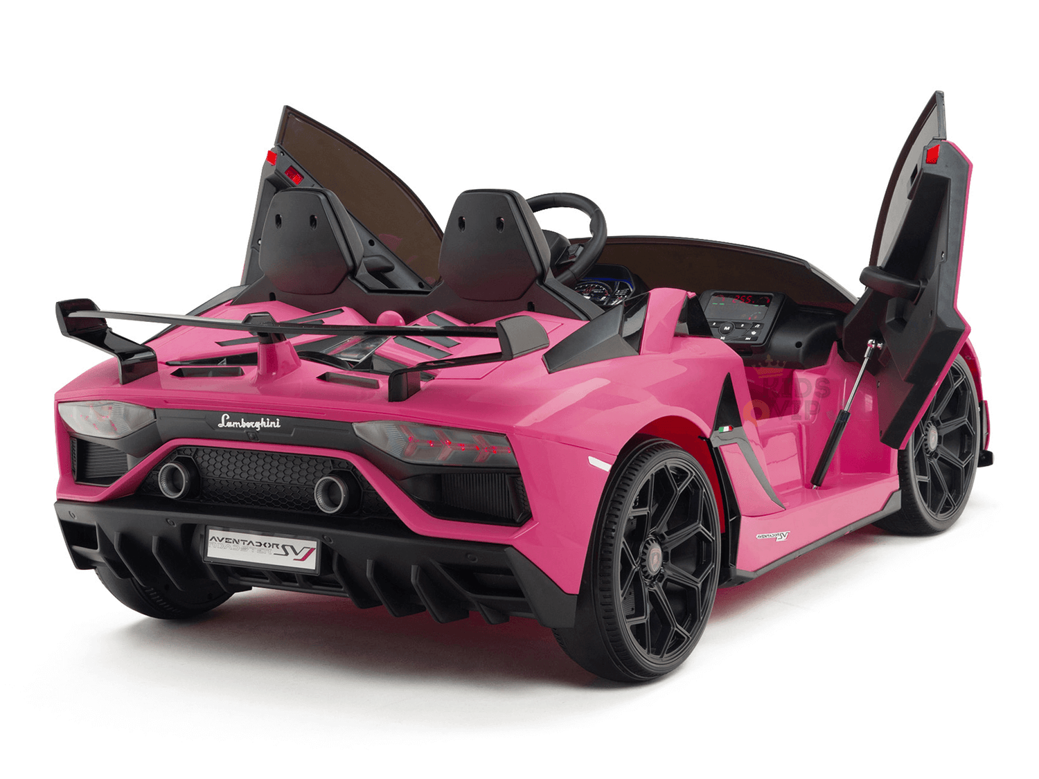 The Upgrade Your Ride with the Pink 24v Lamborghini SVJ Drifting Kids Ride on Car features scissor doors, sleek black accents, a detailed interior, rear spoiler, and drifting wheels—offering an exciting and sporty luxury sports vehicle look.