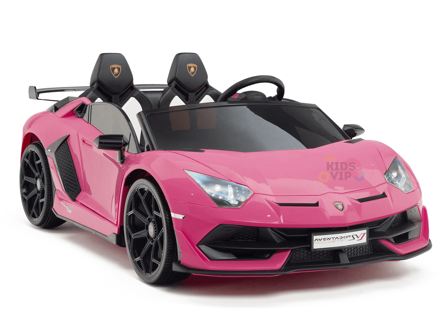 The Upgrade Your Ride with the Pink 24v Lamborghini SVJ Drifting Kids Ride on Car boasts true sports car styling, drifting wheels for excitement, two black logo headrest seats, sharp headlights, and intricate front details.