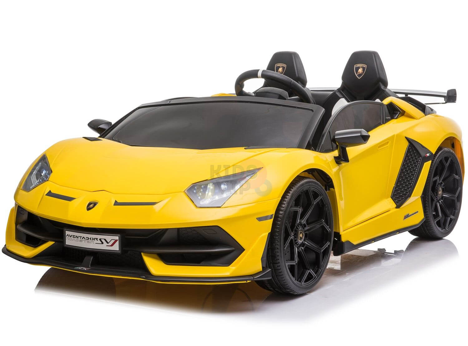 The Upgrade Your Ride with the Yellow 24v Lamborghini SVJ Drifting Kids Ride on Car features black rims, drifting wheels, and two seats, capturing the sleek and luxurious style of its full-sized counterpart.
