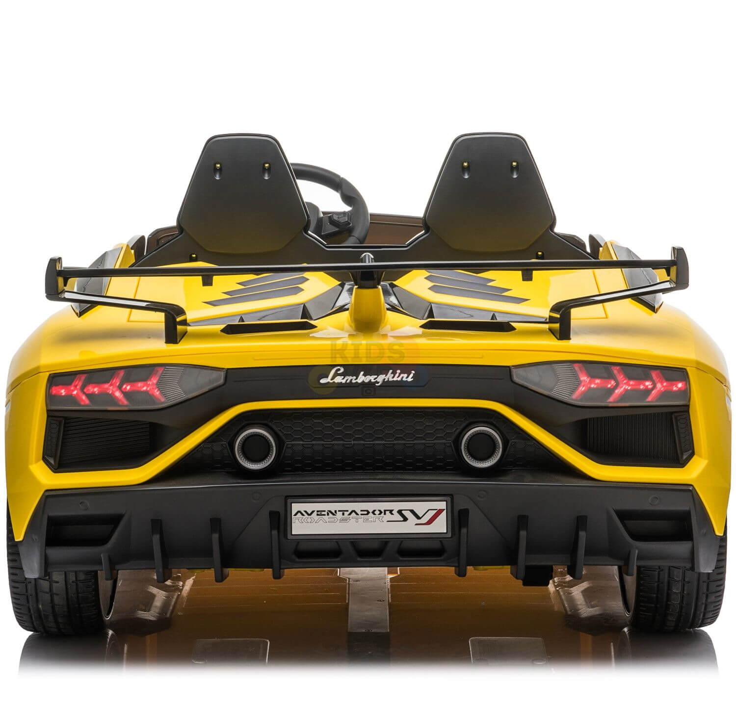 Rear view of the Yellow 24v Lamborghini SVJ Drifting Kids Ride on Car toy with distinctive tail lights, drifting wheels, two exhaust pipes, and the model name visible on a white background.