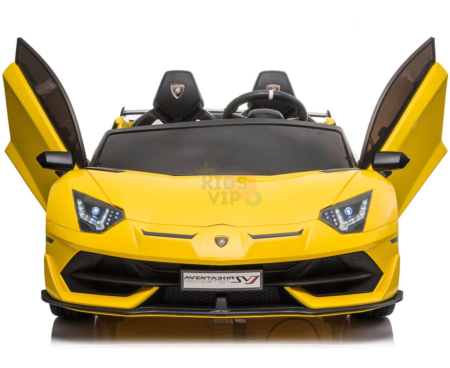The Upgrade Your Ride with the Yellow 24v Lamborghini SVJ Drifting Kids Ride on Car features scissor doors, sharp headlights, a sleek design, two seats, and a steering wheel. Its perfect for kids adventures and mimics a luxury model, set against a plain white background.