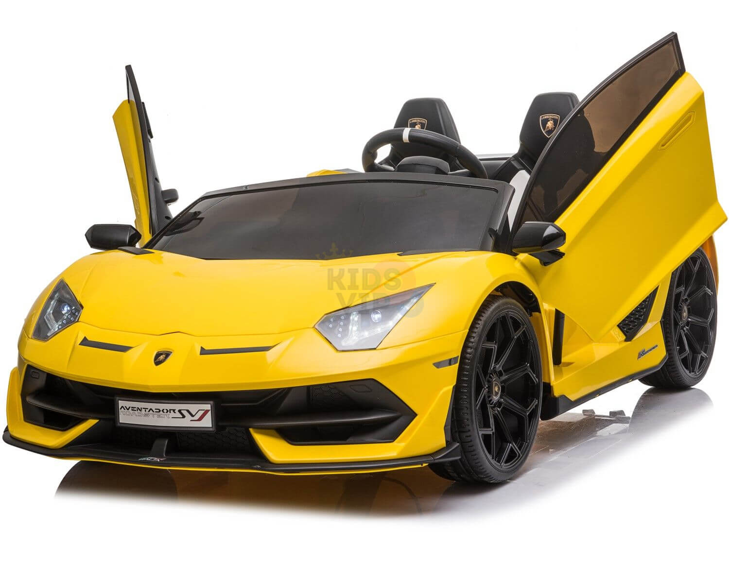 The Upgrade Your Ride with the Yellow 24v Lamborghini SVJ Drifting Kids Ride on Car boasts open scissor doors, black drifting wheels, and Lamborghini logos on the seats, offering an exciting and realistic experience for children.
