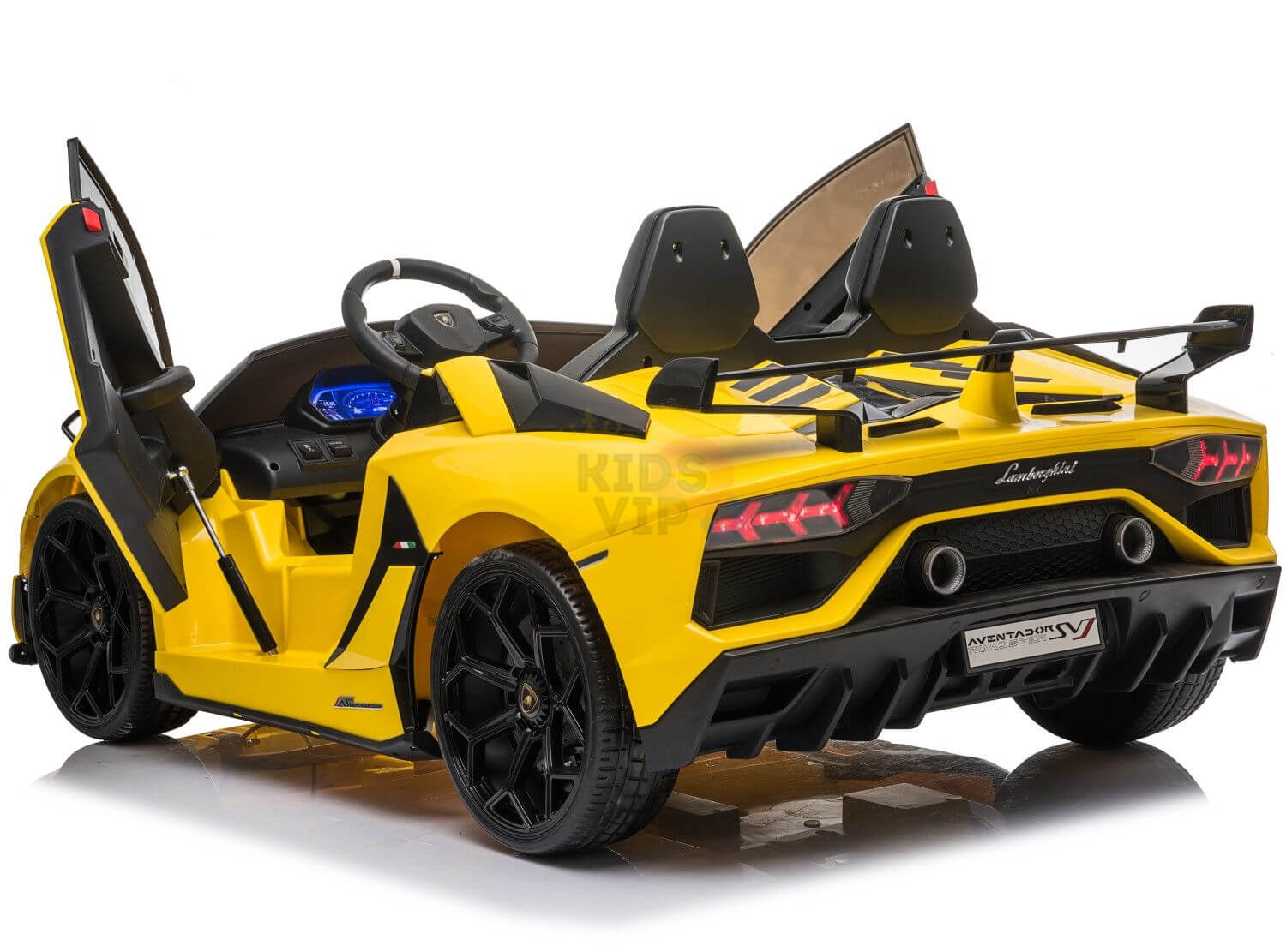 The Upgrade Your Ride with the Yellow 24v Lamborghini SVJ Drifting Kids Ride on Car is showcased, featuring a yellow finish with black accents, open scissor doors, visible seats, detailed headlights and taillights on a white background.
