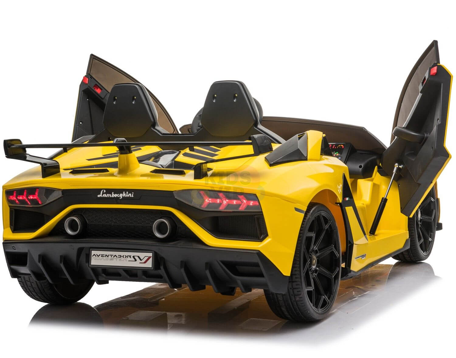 The Upgrade Your Ride with the Yellow 24v Lamborghini SVJ Drifting Kids Ride on Car features scissor doors, authentic taillights, a spoiler, drifting wheels, and seats two—shown from a rear angle for an authentic experience.