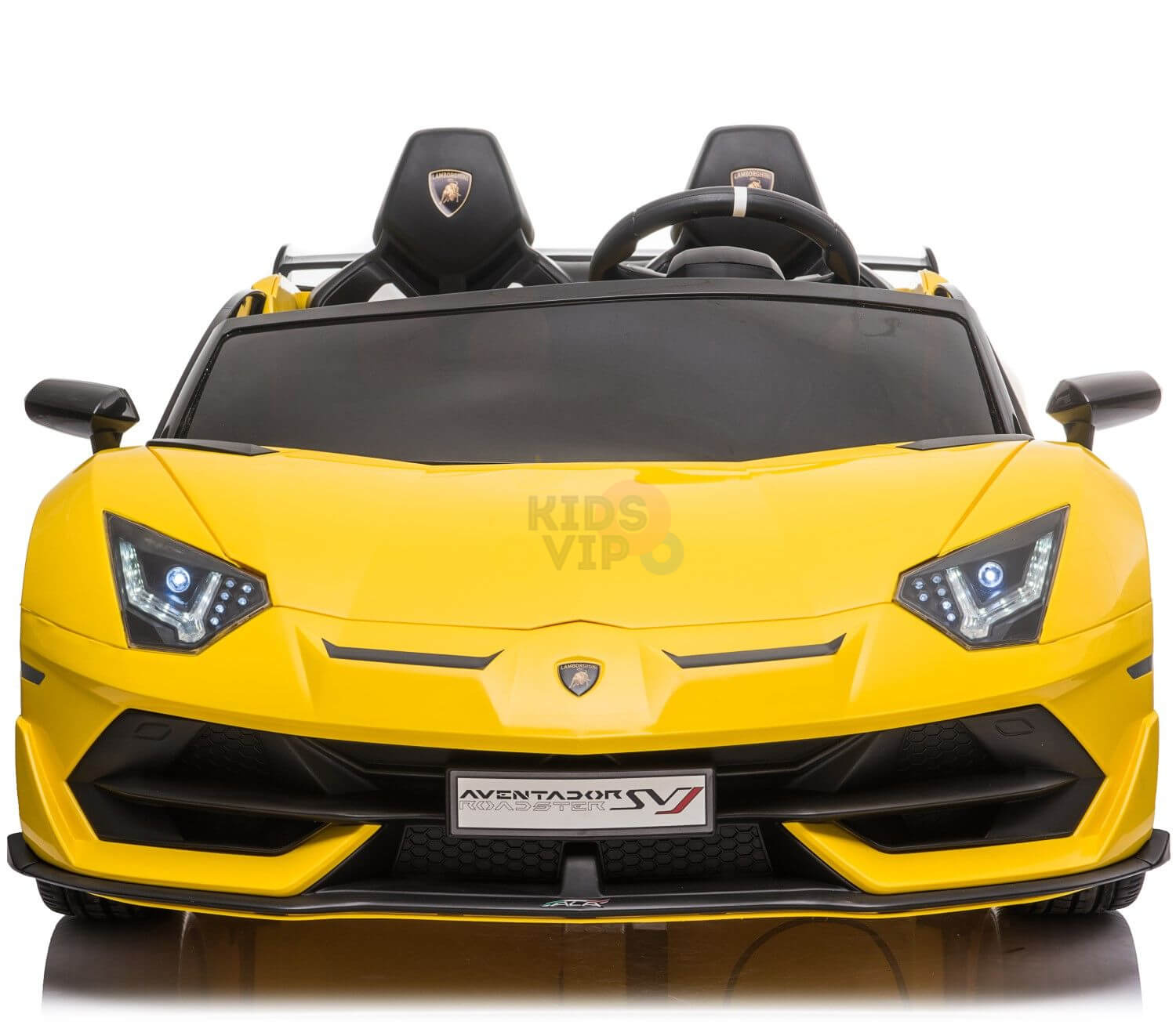 The Upgrade Your Ride with the Yellow 24v Lamborghini SVJ Drifting Kids Ride on Car features LED headlights, detailed logos, two seats, a steering wheel visible through the windshield, and drifting wheels for thrilling rides on a plain white background. Perfect for kids!.