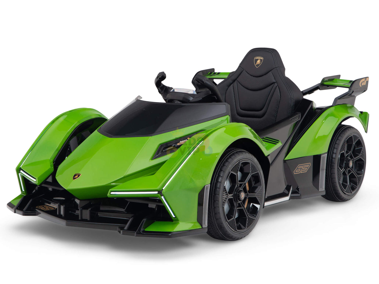 The Green 12V Official Lamborghini Vision GT Kids Ride-On Car features a vibrant green body, black accents, and sporty design with a single seat and steering wheel. It boasts realistic headlights and tires for an authentic experience.