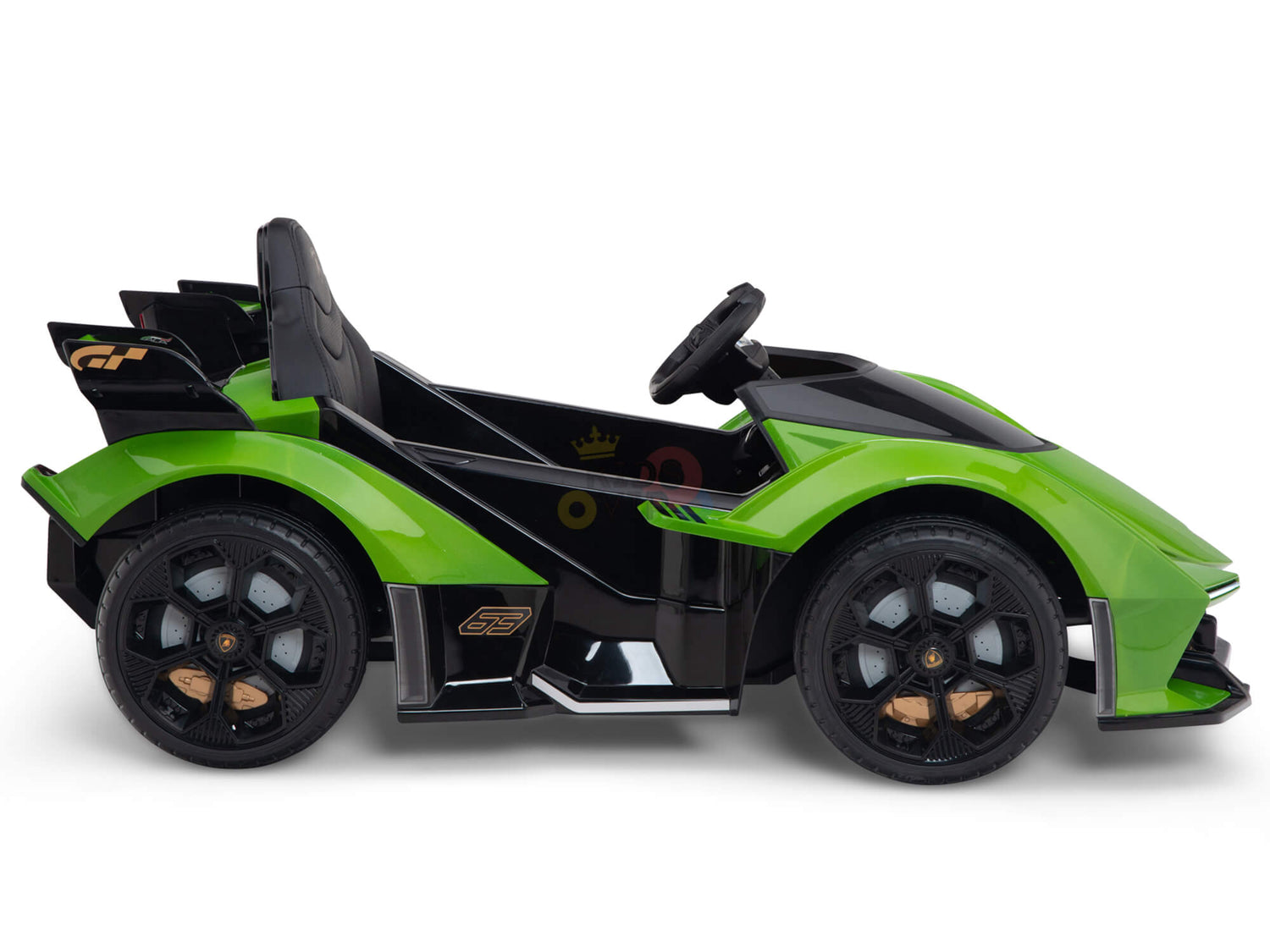 Green 12V Official Lamborghini Vision GT Kids Ride-On Car features a sporty design with sleek lines, large wheels, and a small steering wheel. This battery-powered toy resembles a compact race car, perfect for kids to enjoy thrilling adventures.
