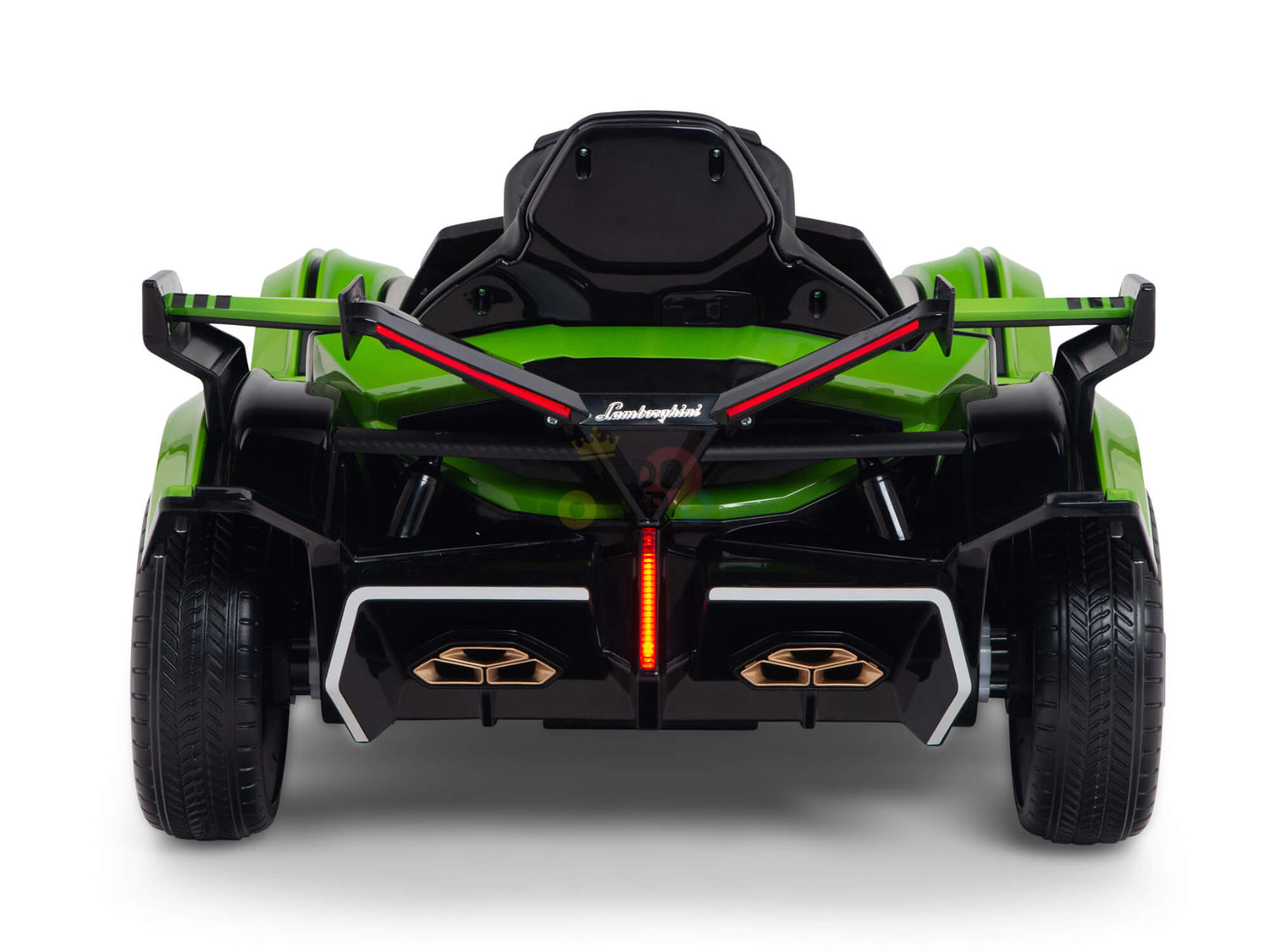 The Green 12V Official Lamborghini Vision GT Kids Ride-on Car features a rear view with distinctive taillights, exhausts, and detailed spoiler. Equipped with large black wheels and a seat, this car offers an exciting drive for children.