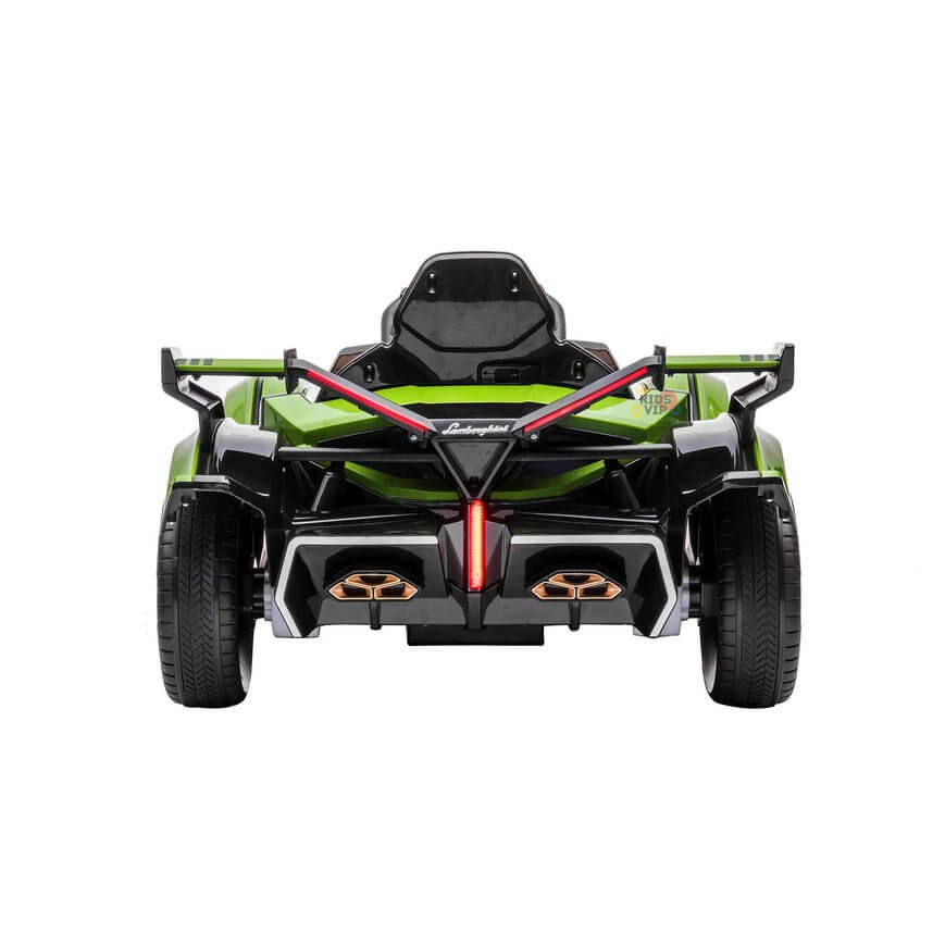 A Green 12V Official Lamborghini Vision GT Kids Ride-On Car, resembling the real sports car from the back, showcases intricate rear lights, large black wheels, a distinctive spoiler, and two visible exhaust pipes for a realistic design.