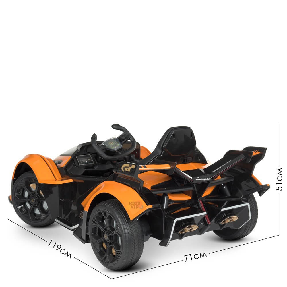 The Orange 12V Official Lamborghini Vision GT Kids Ride-On Car, inspired by Lamborghini and featuring a sleek rear design, has detailed wheels, a functional steering wheel, and authentic styling. Dimensions: 119 cm (L) x 71 cm (W) x 51 cm (H).