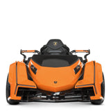 The Orange 12V Official Lamborghini Vision GT Kids Ride-On Car features a sleek design inspired by the iconic sports car, with black accents, a low-profile build, angular body, and two seats, capturing a distinctive modern look.