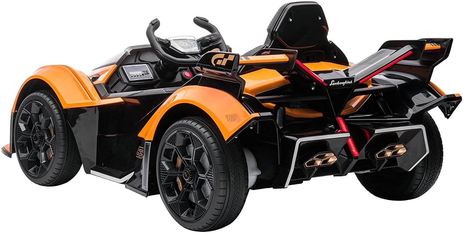 The Orange 12V Official Lamborghini Vision GT Kids Ride-On car features a sleek black and orange design, detailed dashboard, and large wheels for an authentic sports car experience.