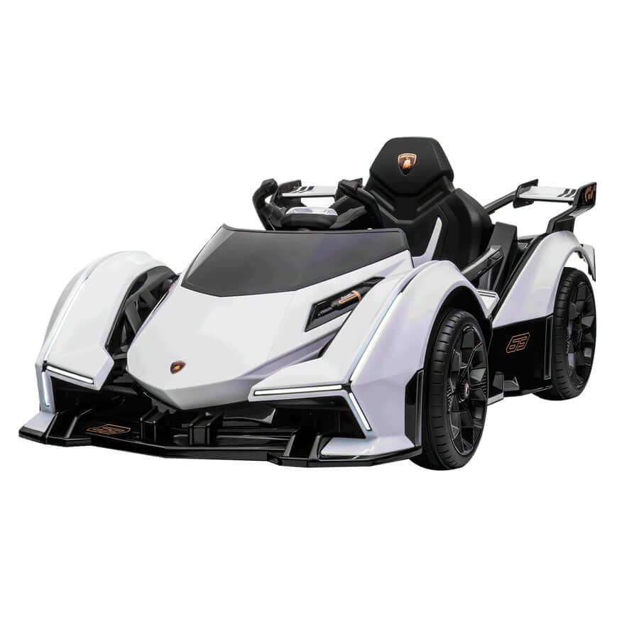 The White 12V Official Lamborghini Vision GT Kids Ride-On Car features a sleek design with a Lamborghini logo, sporty angular lines, large wheels, and LED lights, offering an exhilarating ride that emulates high-end sports cars.