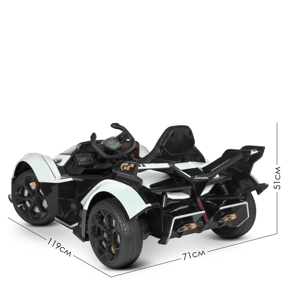 The White 12V Official Lamborghini Vision GT Kids Ride-on Car features gold accents, two seats, a steering wheel, and various buttons. It measures 119 cm x 71 cm x 51 cm.