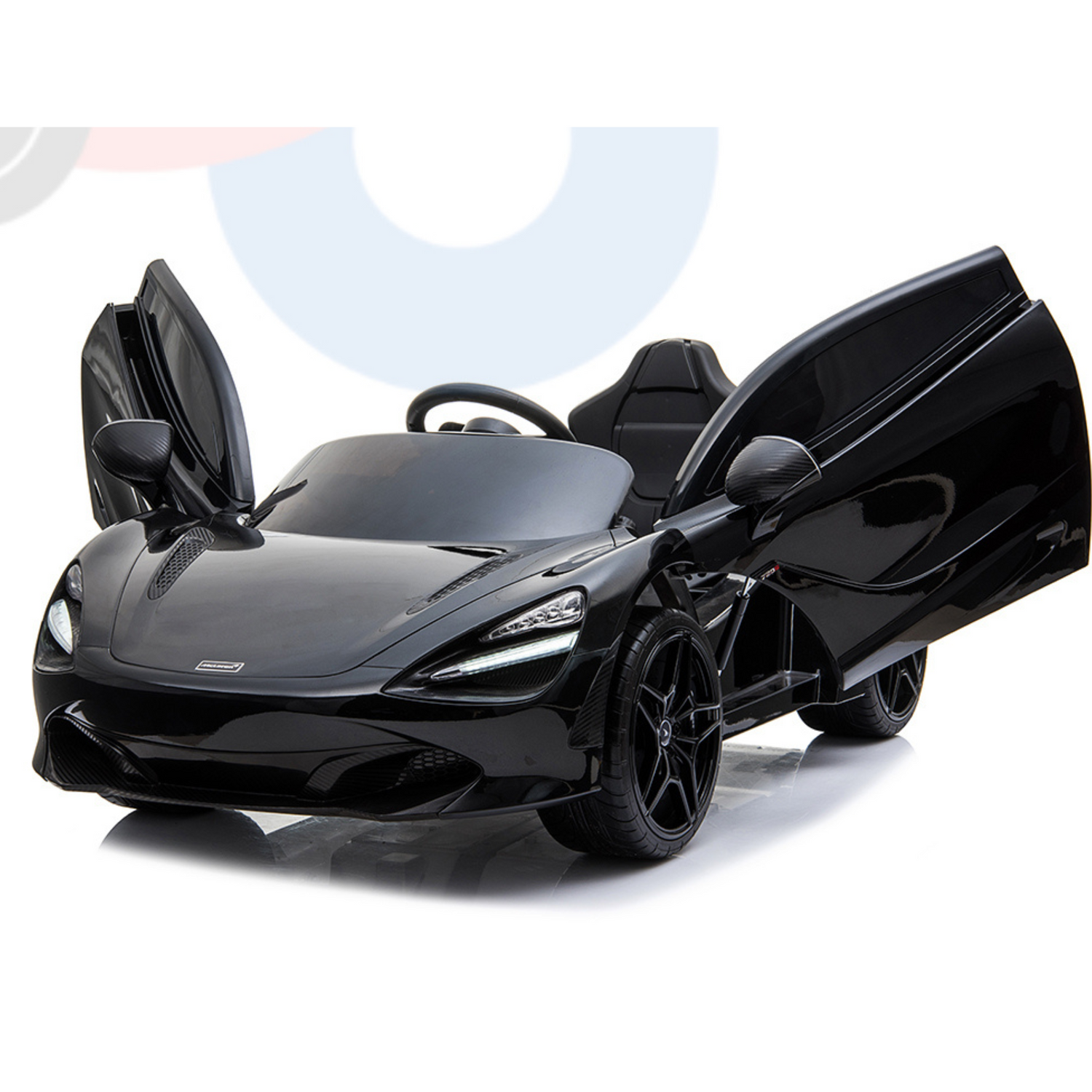 Black 12V McLaren 720S Kids Licensed 1 Seater Ride On Car with Rubber Wheels and Remote features butterfly doors, sleek lines, a prominent hood, detailed headlights, and sporty design on a white background.