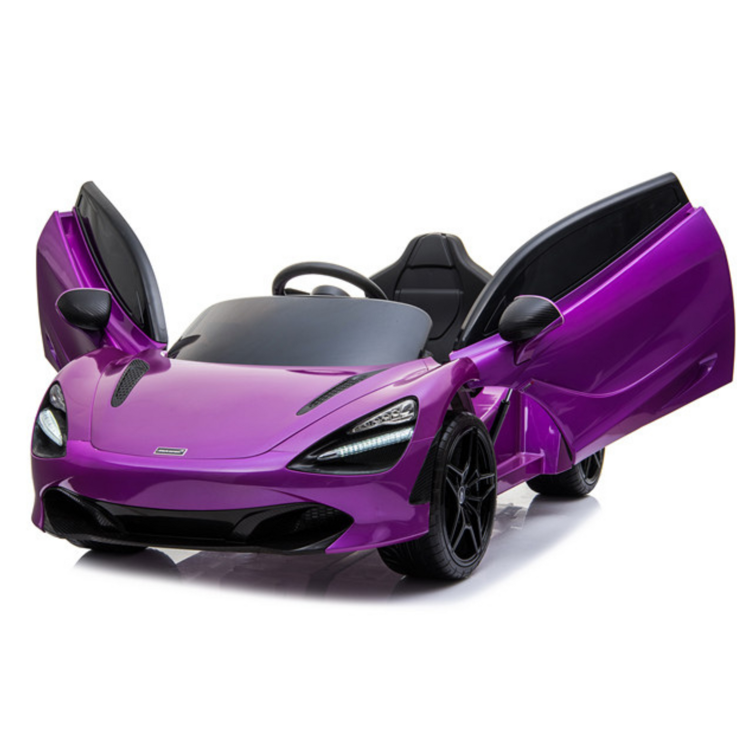 The Purple 12V McLaren 720S Kids Licensed Ride-On Car flaunts striking scissor doors, rubber black wheels, sleek headlights, and a high-back seat. This iconic sports car replica, set against a white background, is every childs dream!.