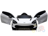 A white 12V McLaren 720S Kids Licensed 1 Seater Ride On Car features rubber wheels and remote control, with butterfly doors open, highlighting its front-view sleek design. This toy includes upgraded features and realistic details for an immersive driving experience.