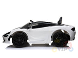 Side view of the White 12V McLaren 720S Kids Licensed 1 Seater Ride On Car, featuring black rubber wheels and a sleek design. This ride-on boasts a luxury car resemblance with remote control functionality, set against a plain white background.