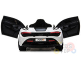 The rear of the White 12V McLaren 720S Kids Ride On Car, with its butterfly doors open, showcases upgraded features like modern tail lights and an aerodynamic build. The visible 720S plate adds elegance to this stunning ride.