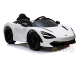 This White 12V McLaren 720S Kids Licensed Ride On Car features upgraded details like a black seat, tinted windows, rubber wheels, headlights, and side mirrors.