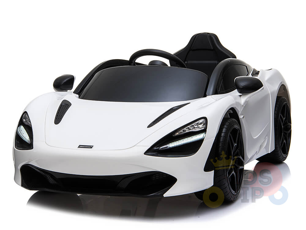 The White 12V McLaren 720S Kids Licensed 1 Seater Ride On Car offers a streamlined design with black accents, rubber wheels, realistic headlights, and grills. It features remote control for an authentic sports car experience.