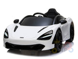 The White 12V McLaren 720S Kids Licensed 1 Seater Ride On Car offers a streamlined design with black accents, rubber wheels, realistic headlights, and grills. It features remote control for an authentic sports car experience.