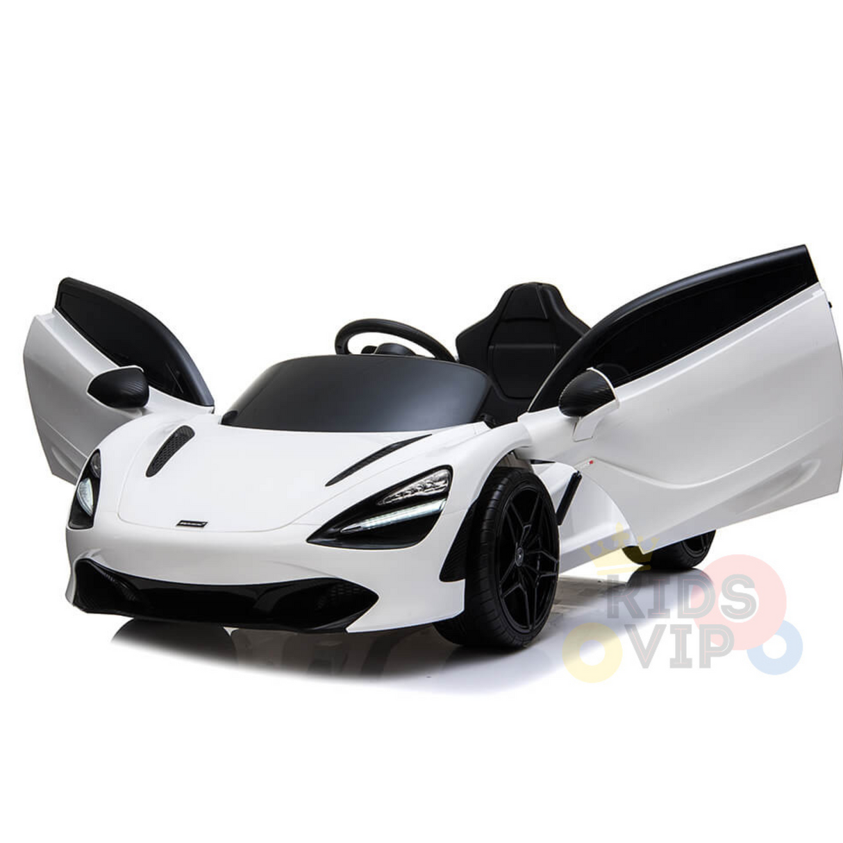 The White 12V McLaren 720S Kids Licensed 1 Seater Ride On Car features sleek lines, open doors, a black interior and wheels, and the Kids VIP logo partially visible.