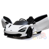 The White 12V McLaren 720S Kids Licensed 1 Seater Ride On Car features sleek lines, open doors, a black interior and wheels, and the Kids VIP logo partially visible.