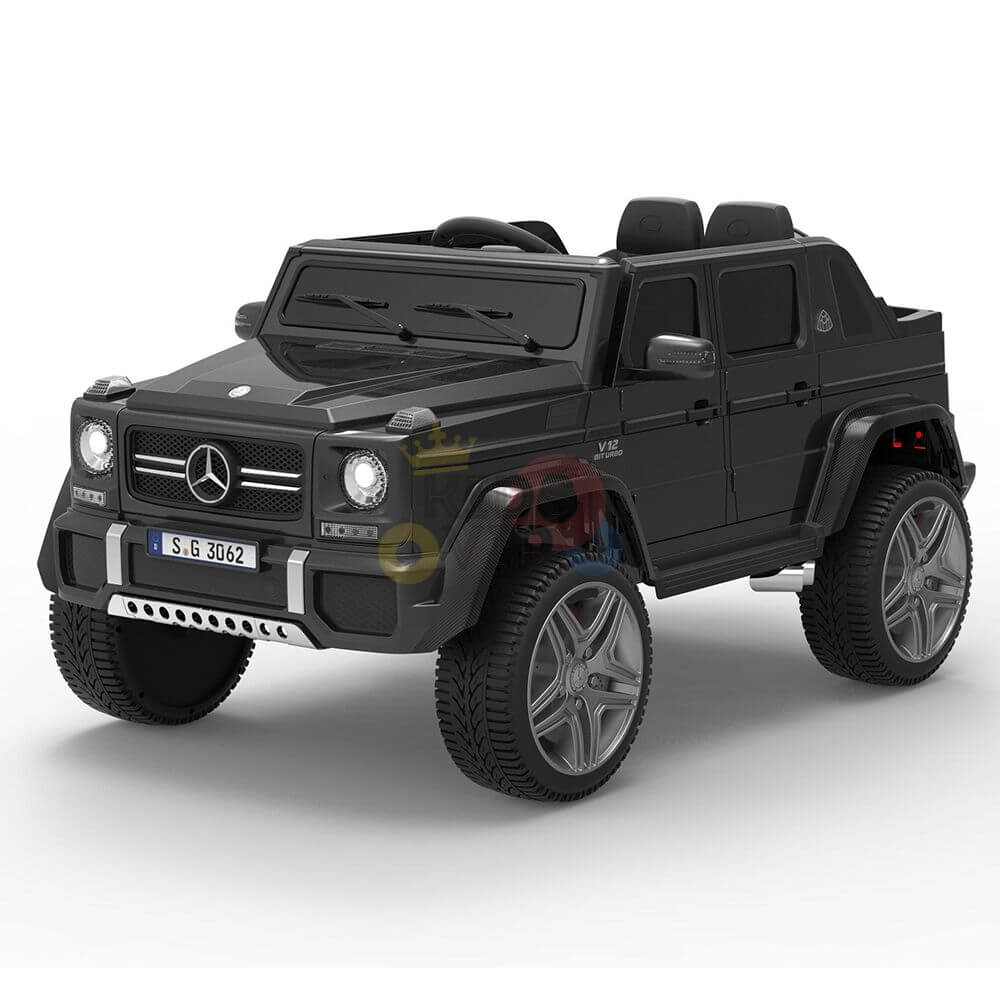 The Matte Black Edition 4WD Mercedes Benz Maybach G650s toy car features large wheels, detailed grills, and a snug steering wheel. Its license plate reads S.G 3062, making it the ultimate stylish adventure for little drivers.