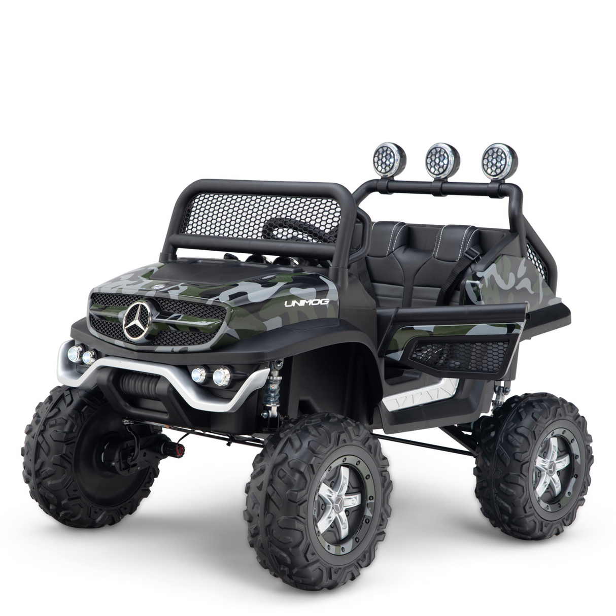 The Camo 12V/4X4 Official Mercedes Unimog Junior Ride On UTV, Remote Control, features a camouflage design with rugged wheels, a lighted front grille, and top round headlights for a sporty off-road adventure.