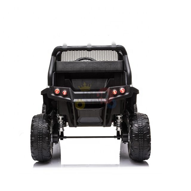 Rear view of a Black Official 12V Mercedes Unimog Junior 4X4 Kids Ride On UTV with large rugged wheels and rear bar. This ride-on toy, designed for children, mimics realistic vehicle details and comes with remote control.