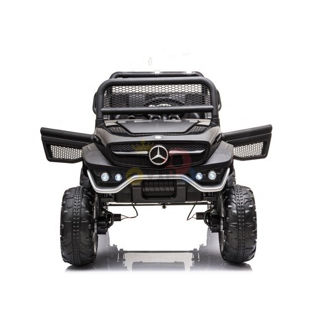 The black Official 12V Mercedes Unimog Junior 4X4 Kids Ride-On UTV, resembling a rugged off-road vehicle with oversized tires, boasts a realistic grill, raised seat, and logo detailing. Its wide-opening doors enhance its tough appearance.