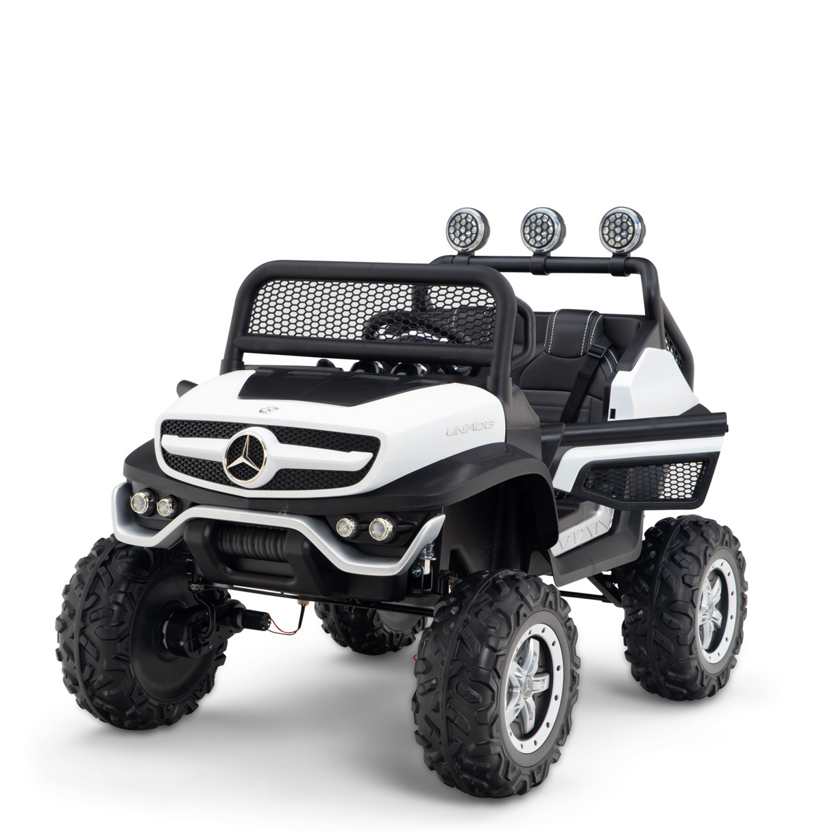 The White 12V/4X4 Official Mercedes Unimog Junior Ride On UTV features large tires, a sturdy roll cage, three mounted lights, and realistic details. Its remote control function makes it ideal for childrens outdoor adventures.