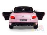 The rear view of the Pink 12V Bentley GTC Kids Licensed Ride On Car features open doors and visible taillights, with Supersports on the license plate. This Bentley Ride On with rubber wheels and remote offers excitement for little drivers.