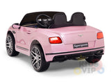 The Pink 12V Bentley GTC Kids Licensed Ride On Car, featuring rubber wheels and parental remote control for safety, resembles a Bentley Continental Sport. It has two seats, a steering wheel, realistic details like rear lights and rims, is shown from behind with a Supersports logo.