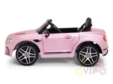 The Pink 12V Bentley GTC Kids Licensed Ride On Car features rubber wheels, a black interior, and realistic design elements. It includes a parental remote control for extra fun, capturing the sporty vibe of a luxury convertible.