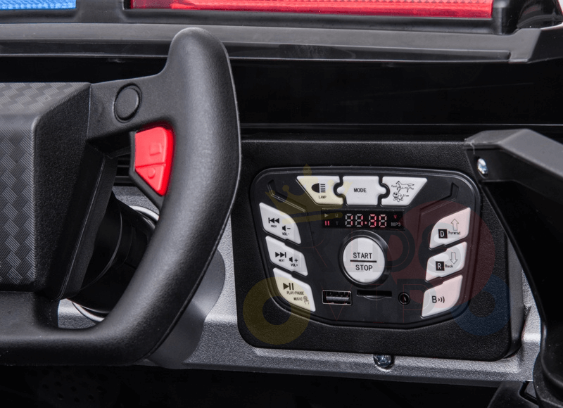The dashboard of the Futuristic 12V Police Truck Ride On features a checkered steering wheel with a red button, control panel with buttons for radio and USB input, and a display screen showing 108.8, enhancing its high-tech appeal.
