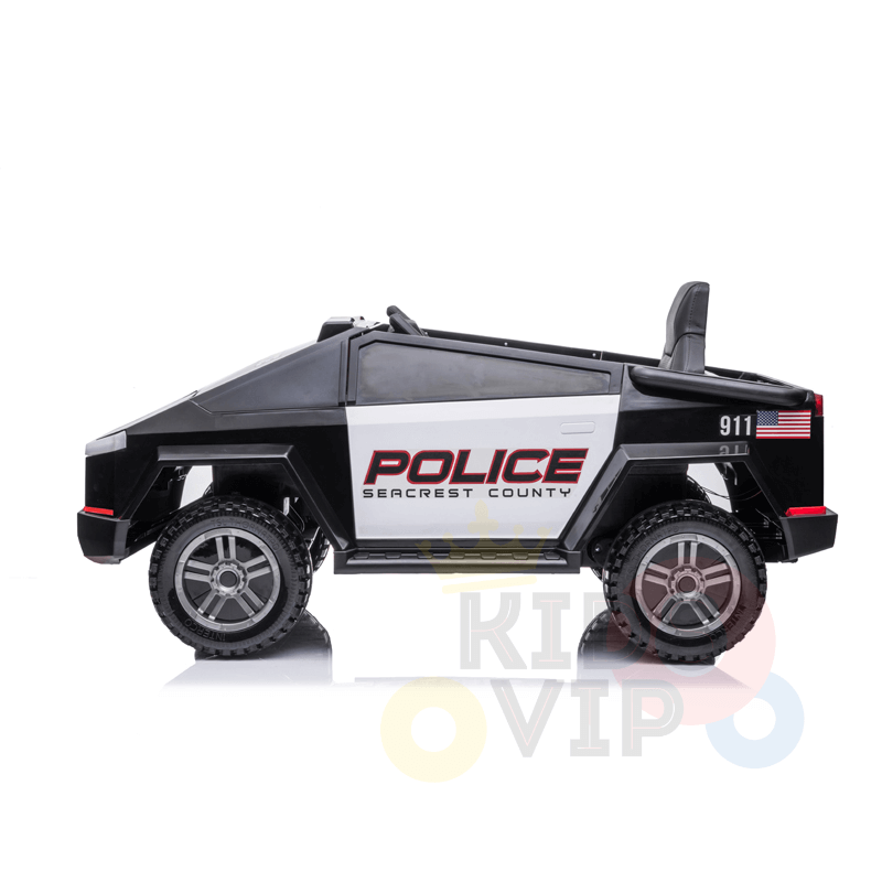 The Futuristic 12V Police Truck Ride-On for Kids features a sleek black and white design with Police Seacrest County on its body. It has rubber wheels, an open top, sirens, and realistic details that capture the essence of emergency vehicles against a white background.
